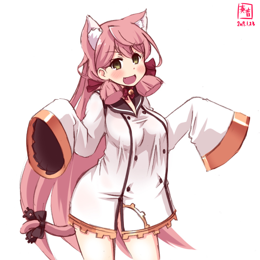 1girl akashi_(azur_lane) akashi_(azur_lane)_(cosplay) akashi_(kantai_collection) alternate_costume animal_ears artist_logo azur_lane black_bow blush bow breasts cat_ears cat_tail choker commentary_request cosplay cowboy_shot dated dress green_eyes hair_between_eyes hair_ribbon highres kanon_(kurogane_knights) kantai_collection large_breasts long_hair long_sleeves looking_at_viewer namesake open_mouth pink_hair revision ribbon ribbon_choker sailor_dress screwdriver signature simple_background sleeves_past_fingers sleeves_past_wrists solo tail tail_ribbon tress_ribbon white_background white_dress