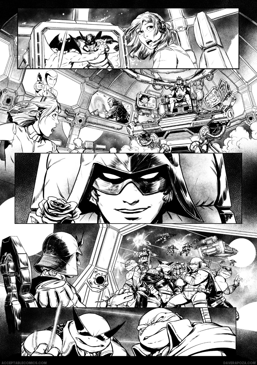 ahoge arsene_lupin_iii arthur_(series) arthur_read char_aznable comic crossed_arms crossover dave_rapoza demon_wings devilman devilman_(character) domino_mask donatello dragon_ball dragon_ball_(classic) flower fudou_akira geralt_of_rivia greyscale gun gundam headset helmet hexagram highres interior kamina_shades leonardo lupin_iii mask mazinger_z mecha michelangelo mobile_suit_gundam monitor monochrome multiple_crossover open_mouth parody raphael rose sayla_mass silent_comic sitting smile smoke son_gokuu star_of_david struggling sword teenage_mutant_ninja_turtles the_witcher the_witcher_3 uniform watermark weapon web_address wings