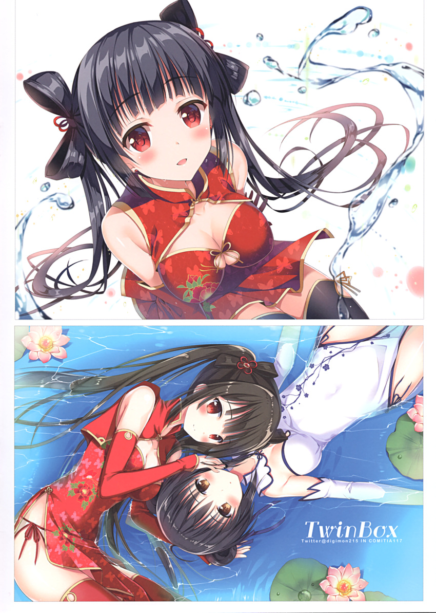2girls absurdres bare_arms bare_shoulders black_hair blush breasts china_dress chinese_clothes cleavage cleavage_cutout dress hair_ornament hair_ribbon hair_rings highres large_breasts long_hair looking_at_viewer multiple_girls open_mouth original red_dress ribbon scan sleeveless sleeveless_dress smile sousouman thigh-highs twintails very_long_hair