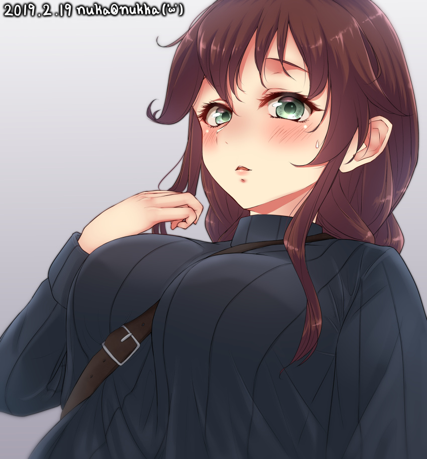 1girl black_sweater blush breasts brown_hair gradient gradient_background green_eyes highres kantai_collection large_breasts long_hair noshiro_(kantai_collection) nuka_(nvkka) open_mouth remodel_(kantai_collection) solo sweatdrop sweater