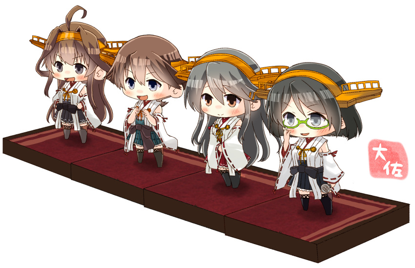 4girls :d absurdres ahoge artist_name bare_shoulders black_hair black_skirt blue_eyes blush brown_eyes brown_hair clenched_hands commentary_request detached_sleeves double_bun glasses green-framed_eyewear green_skirt grey_eyes hair_between_eyes hair_ornament hairband hairclip haruna_(kantai_collection) headgear hiei_(kantai_collection) highres holding holding_microphone japanese_clothes kantai_collection kirishima_(kantai_collection) kongou_(kantai_collection) long_hair microphone multiple_girls no_legwear nontraditional_miko open_mouth plaid plaid_skirt pleated_skirt red_skirt remodel_(kantai_collection) ribbon-trimmed_sleeves ribbon_trim short_hair simple_background skirt smile taisa_(kari) thigh-highs v-shaped_eyebrows white_background wide_sleeves