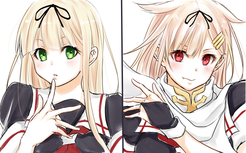 2girls aoyashio_rin black_ribbon black_shirt blonde_hair blush bridal_gauntlets fang_out finger_to_mouth green_eyes hair_ornament hair_ribbon hairclip highres index_finger_raised kantai_collection long_hair looking_at_viewer multiple_girls neckerchief parted_lips red_eyes red_neckwear remodel_(kantai_collection) ribbon scarf shirt short_sleeves simple_background sketch smile upper_body white_background white_scarf yuudachi_(kantai_collection)