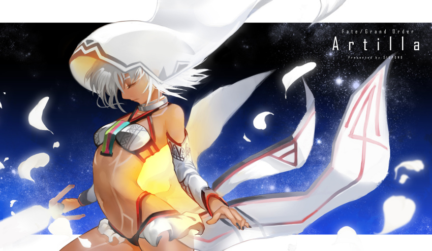 altera_(fate) arched_back artist_name black_nails breasts character_name closed_eyes copyright_name dark_skin detached_sleeves fate/grand_order fate_(series) feathers from_side full_body_tattoo halter_top halterneck headdress highres holding holding_sword holding_weapon nail_polish navel photon_ray profile revealing_clothes small_breasts sword tattoo weapon white_hair xiaobang