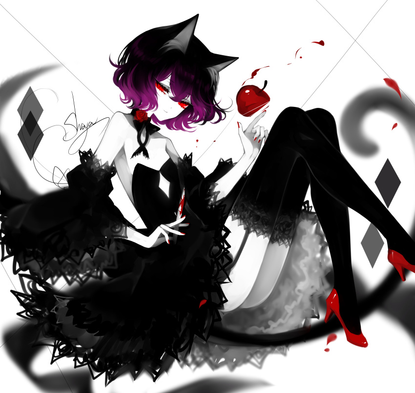 1girl absurdres apple artist_name ass bare_shoulders black_dress black_hair blood bloody_weapon detached_sleeves dress feet_out_of_frame flower food fruit garter_straps gradient_hair high_heels highres holding holding_knife knees_up knife limited_palette looking_at_viewer multicolored_hair nail_polish original petals purple_hair red_eyes red_flower red_footwear red_nails red_rose rose rose_petals sheya signature simple_background smile solo spot_color strapless strapless_dress thigh-highs thighs weapon white_background