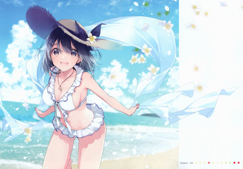 1girl :d absurdres bangs barefoot beach bikini bikini_skirt black_hair blush breasts cleavage clouds day floating_hair flower frilled_bikini_top frills front-tie_top grey_eyes hair_between_eyes hat highres holding jewelry large_breasts looking_at_viewer miniskirt navel ocean open_mouth original outdoors pendant scan shawl skirt sky smile solo standing standing_on_one_leg straw_hat sun_hat swimsuit tareme thighs u35 white_bikini white_flower white_skirt