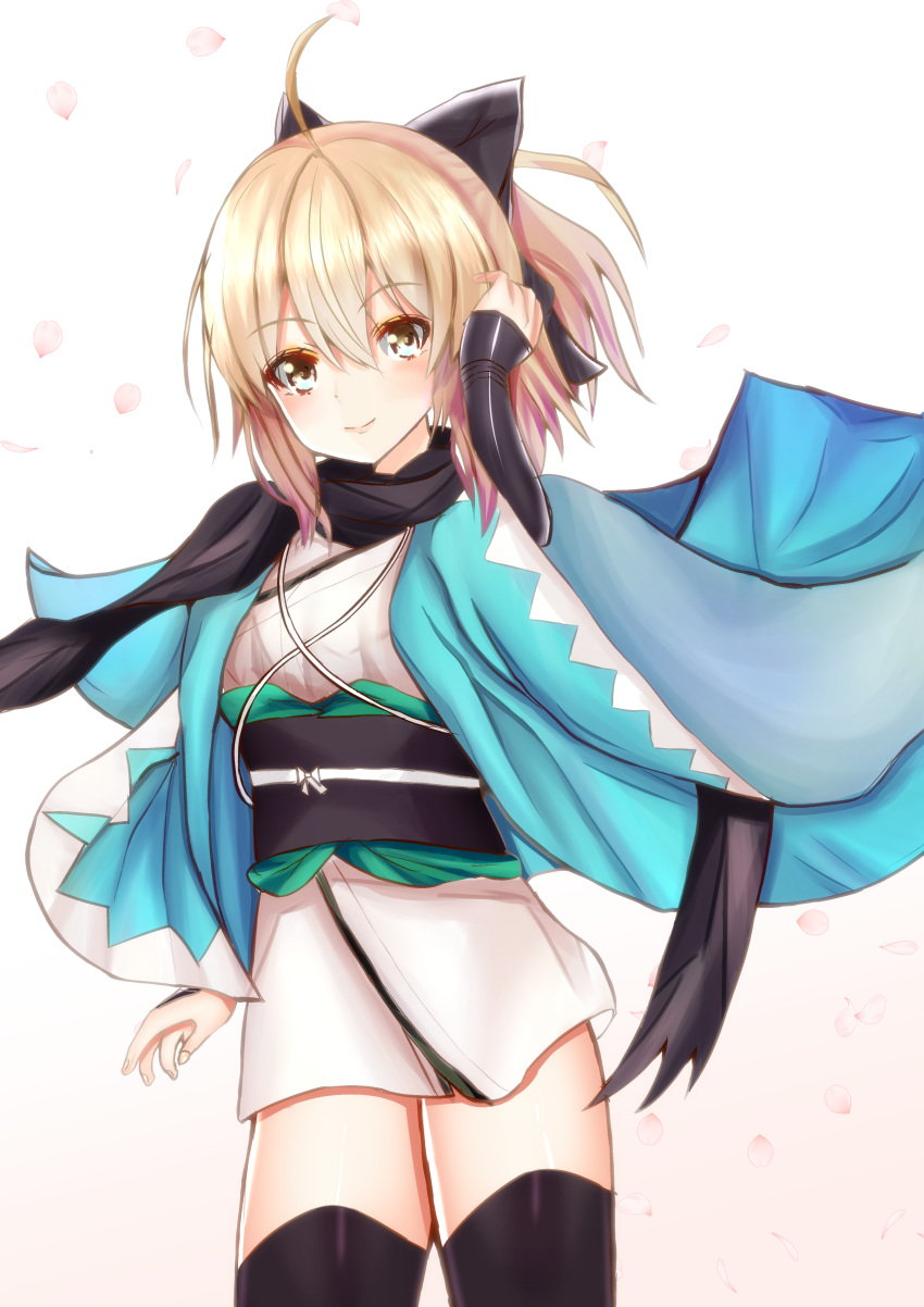 1girl absurdres ahoge black_bow black_legwear blonde_hair bow cherry_blossoms cowboy_shot eyebrows_visible_through_hair fate_(series) hair_between_eyes hair_bow hand_in_hair haori highres japanese_clothes kimono koha-ace long_hair looking_at_viewer mitsu336 okita_souji_(fate) okita_souji_(fate)_(all) ponytail shiny shiny_hair short_kimono simple_background solo standing thigh-highs white_background white_kimono yellow_eyes zettai_ryouiki