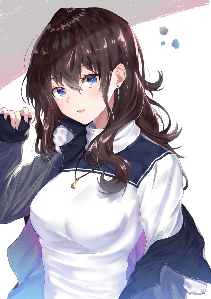 1girl absurdres bangs black_jacket blue_eyes blush breasts brown_hair collared_shirt earrings eyebrows_visible_through_hair fingernails hair_between_eyes hand_up head_tilt highres ichinose_shiki idolmaster jacket jewelry kuki_panda_(wkdwnsgk13) long_hair long_sleeves looking_at_viewer medium_breasts off_shoulder open_clothes open_jacket parted_lips pendant shirt simple_background sleeves_past_wrists solo white_background white_shirt