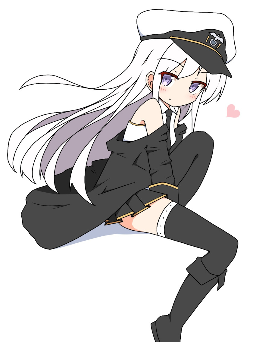 1girl azur_lane bangs bare_shoulders black_footwear black_jacket black_legwear black_neckwear black_skirt blush boots closed_mouth collared_shirt commentary_request enterprise_(azur_lane) eyebrows_visible_through_hair full_body hat heart highres ichi jacket knee_boots long_hair long_sleeves looking_at_viewer looking_to_the_side off_shoulder peaked_cap pleated_skirt shadow shirt skirt sleeveless sleeveless_shirt smile solo thigh-highs thighhighs_under_boots very_long_hair violet_eyes white_background white_hair white_hat white_shirt