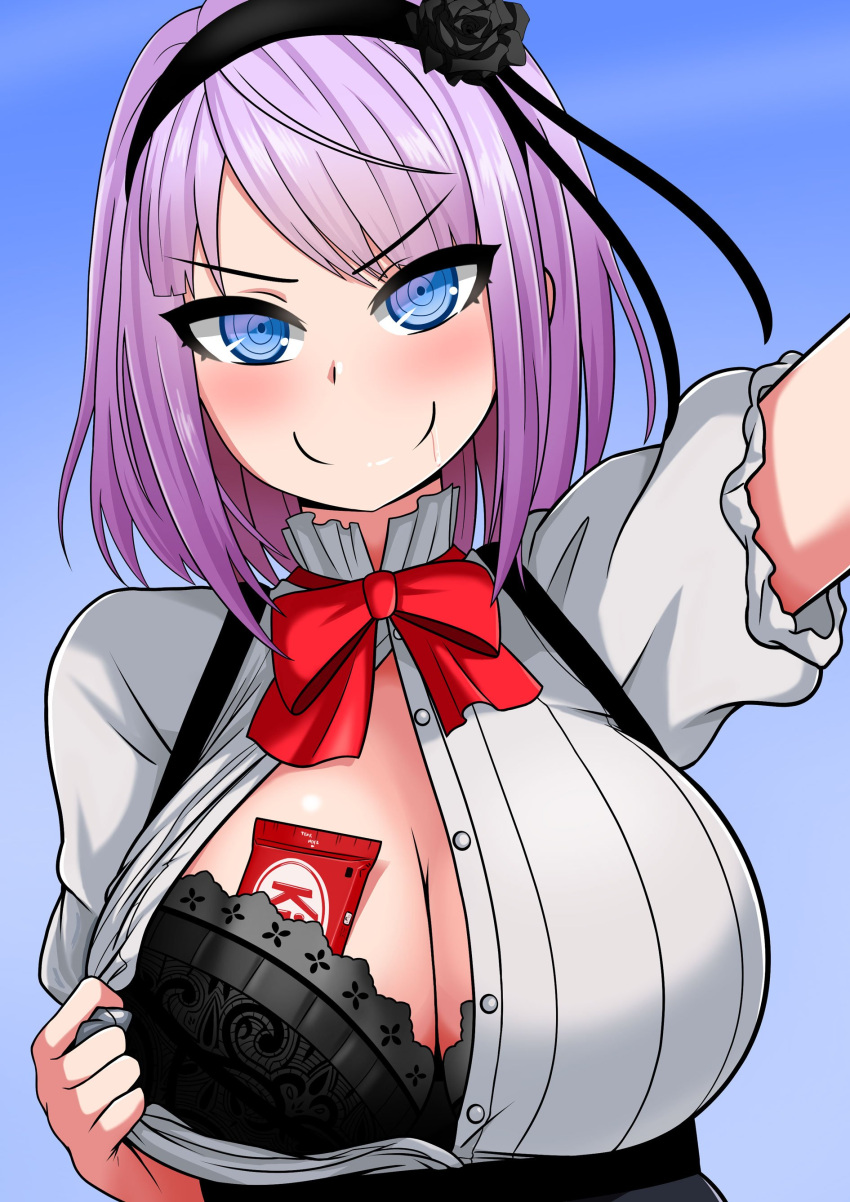 rn1girl rnabsurdres rnshidare_hotaru rnthe_only_shoe bangs black_bra blue_eyes bow bowtie bra breasts chocolate cleavage dagashi_kashi drooling english_commentary eyebrows_visible_through_hair flower food hair_flower hair_ornament highres huge_breasts kitkat lace lace_bra large_breasts lavender_hair looking_at_viewer one_breast_out open_clothes open_shirt reaching_out saliva self_shot shirt short_hair simple_background skirt smile solo suspender_skirt suspenders unbuttoned underwear upper_body v-shaped_eyebrows