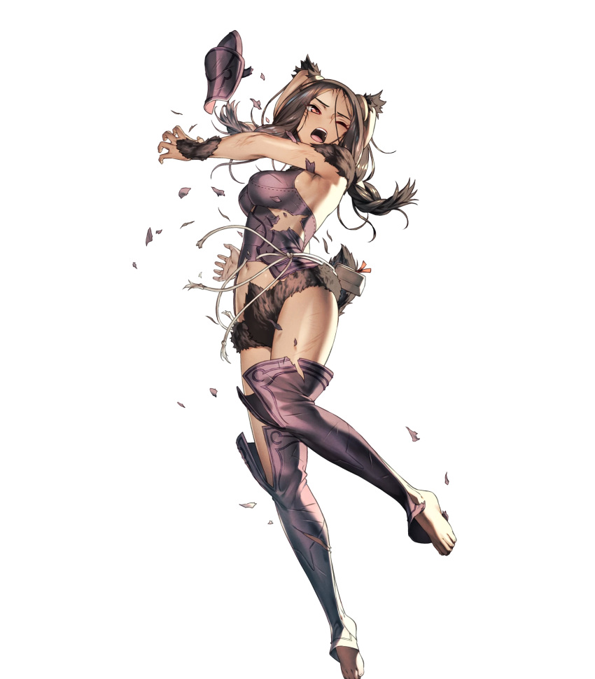 1girl animal_ears armor brown_fur brown_hair cozy dark_skin facial_mark fire_emblem fire_emblem:_kakusei fire_emblem_heroes full_body highres long_hair nintendo official_art pouch rabbit_ears red_eyes solo taguel toeless_legwear transparent_background velvet_(fire_emblem)