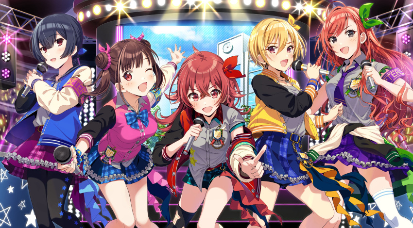 5girls absurdres ahoge arisugawa_natsuha armband belt black_eyes black_hair blonde_hair bow bowtie brown_hair clothes_around_waist commentary_request double_bun earrings highres idolmaster idolmaster_shiny_colors jacket jacket_around_waist jewelry joey_koguma komiya_kaho long_hair long_sleeves looking_at_viewer microphone miniskirt mismatched_legwear morino_rinze multiple_girls necklace one_eye_closed open_mouth plaid plaid_skirt red_eyes redhead saijou_juri short_hair short_sleeves short_twintails shorts single_thighhigh skirt sonoda_chiyoko thigh-highs twintails violet_eyes