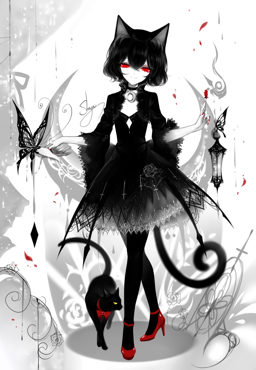 1girl absurdres animal_ears artist_name black_choker black_dress black_hair black_legwear bow bowtie bug butterfly cat_ears cat_tail choker commentary_request crescent crescent_choker dress eyelashes flower full_body high_heels highres holding holding_flower insect lantern limited_palette looking_at_viewer nail_polish original pantyhose petals red_bow red_eyes red_flower red_footwear red_nails red_neckwear red_rose rose rose_petals sheya signature simple_background smile solo spot_color standing tail white_background