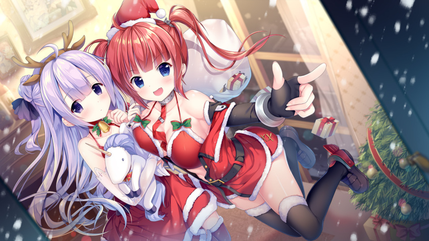 2girls :d azur_lane bangs bare_shoulders bell blue_eyes blurry blurry_background blush box choker christmas collarbone depth_of_field detached_sleeves dress dutch_angle elbow_gloves eyebrows_visible_through_hair fang fingerless_gloves fur-trimmed_bikini fur-trimmed_dress fur-trimmed_gloves fur-trimmed_jacket fur-trimmed_skirt fur_trim gift gift_box gloves hair_bun halterneck holding holding_sack indoors jacket long_hair long_sleeves looking_at_viewer multiple_girls object_hug open_clothes open_jacket open_mouth purple_hair red_bikini_top red_choker red_dress red_jacket red_skirt redhead sack san_diego_(azur_lane) santa_bikini santa_costume side_bun skirt sleeves_past_wrists smile sousouman stuffed_alicorn stuffed_animal stuffed_toy twintails unicorn_(azur_lane) v-shaped_eyebrows very_long_hair violet_eyes