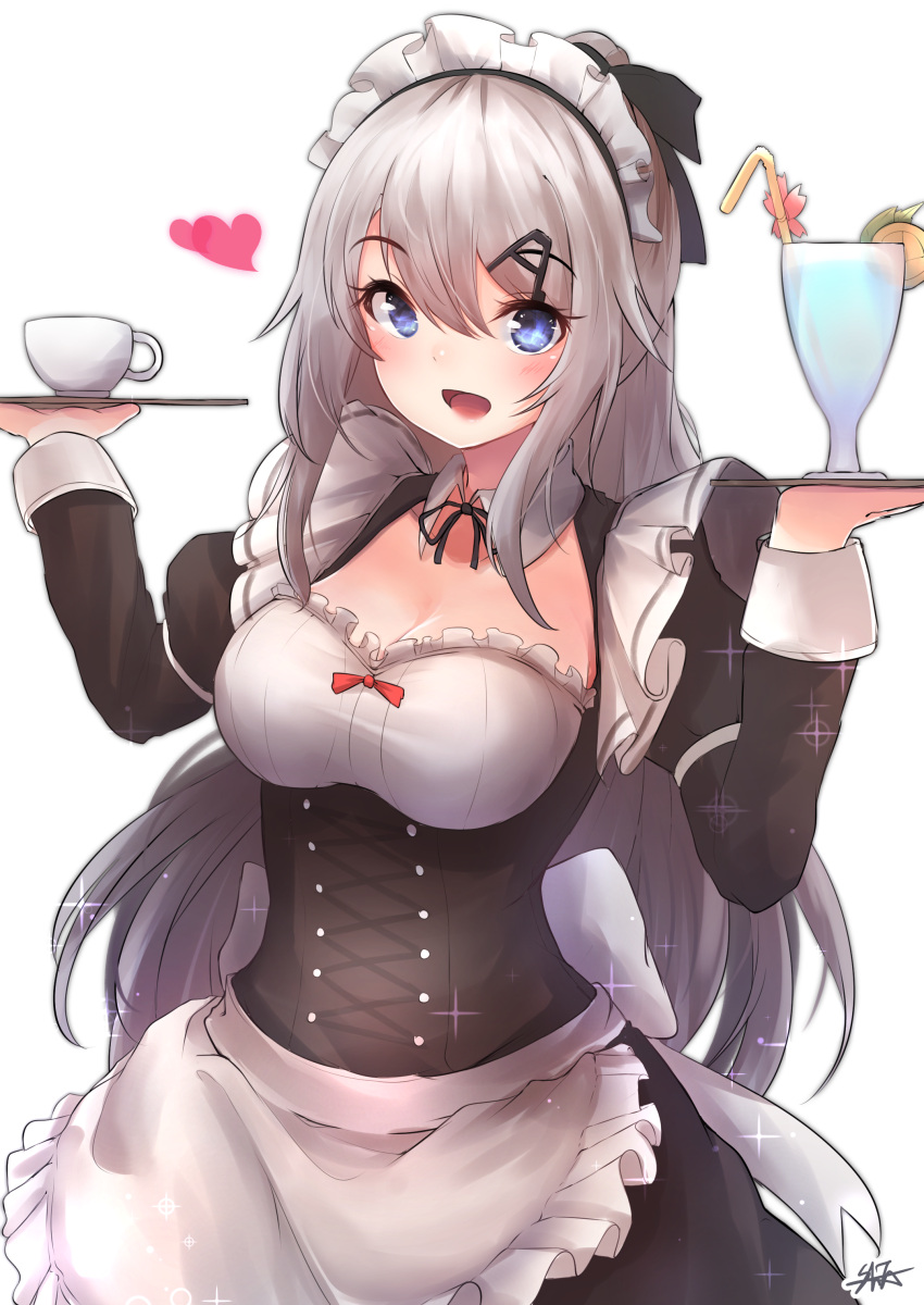 1girl 9a-91_(girls_frontline) absurdres apron bendy_straw blue_eyes breasts commentary cup drinking_glass drinking_straw girls_frontline hair_between_eyes hair_ornament hairclip heart highres hiromaster_sinta_jh long_hair long_sleeves looking_at_viewer maid maid_apron maid_headdress medium_breasts silver_hair simple_background smile solo sparkle teacup tray very_long_hair waist_apron white_background