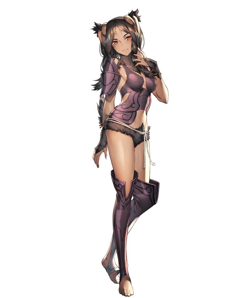 1girl animal_ears armor brown_fur brown_hair cozy dark_skin facial_mark fire_emblem fire_emblem:_kakusei fire_emblem_heroes full_body highres long_hair nintendo official_art pouch rabbit_ears red_eyes solo taguel toeless_legwear transparent_background velvet_(fire_emblem)