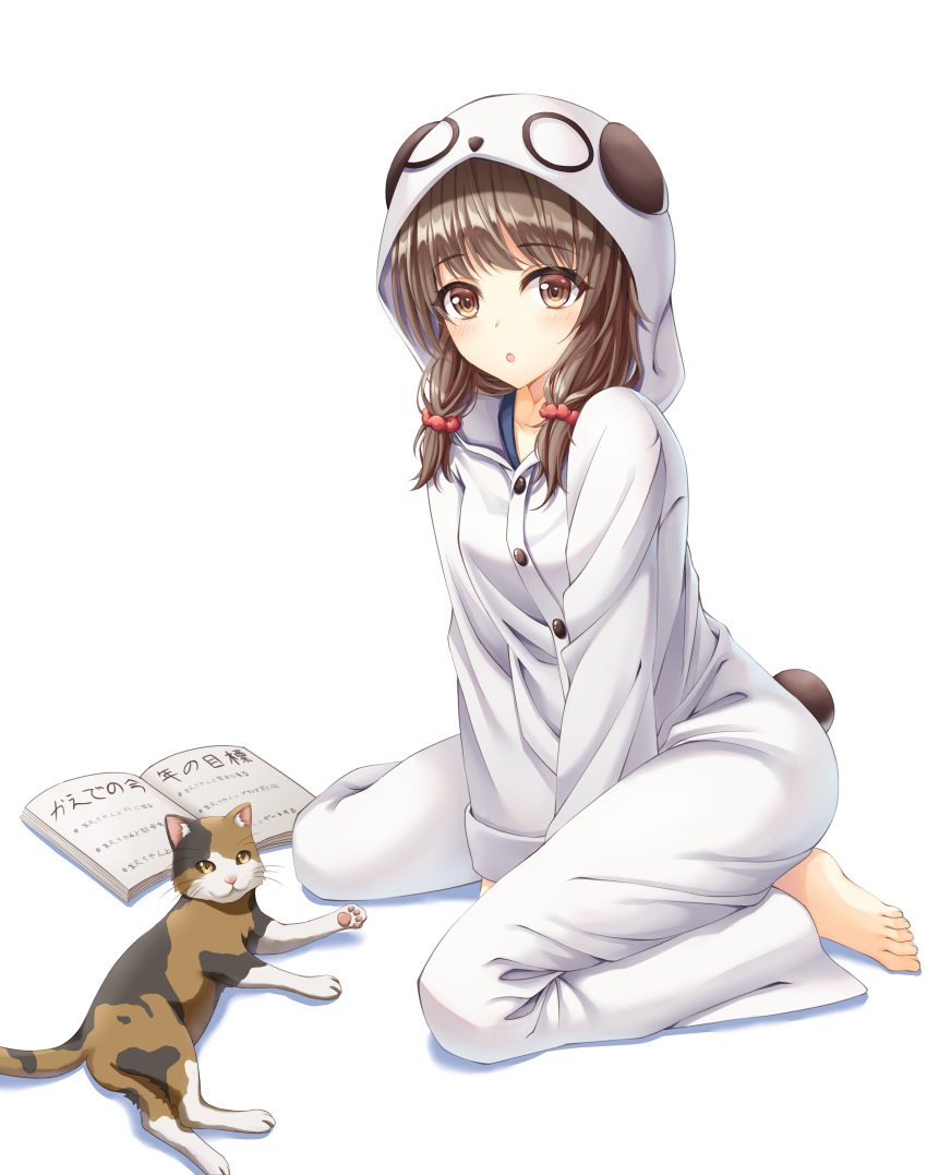 1girl :o absurdres animal_costume azusagawa_kaede barefoot between_legs book brown_eyes brown_hair cat eyebrows_visible_through_hair fake_tail hair_ornament hair_over_shoulder hand_between_legs highres hood hood_up long_hair long_sleeves looking_at_viewer low_twintails open_book panda_costume panda_hood panda_tail pants rla058058 seishun_buta_yarou shiny shiny_hair simple_background sitting solo tail twintails wariza white_background white_cardigan white_pants