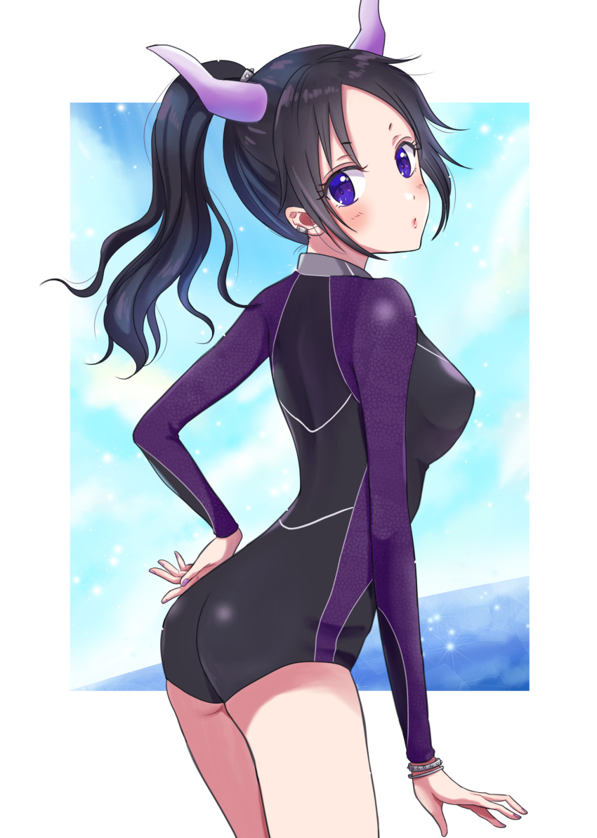 1girl absurdres black_hair black_leotard bracelet character_request cowboy_shot erect_nipples from_side highres horns jewelry kuroneko_w1nter leotard long_hair long_sleeves looking_at_viewer nail_polish pink_nails ponytail purple_sleeves shiny shiny_clothes solo standing violet_eyes