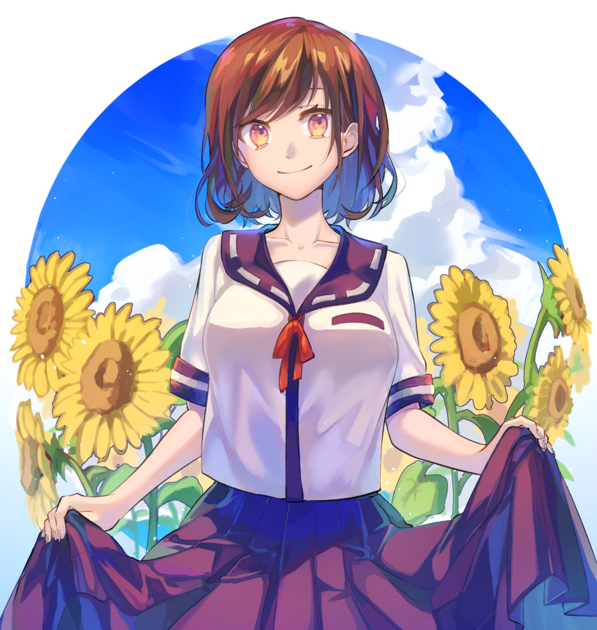 1girl black_sailor_collar blue_sky brown_eyes brown_hair clouds collarbone day flower highres hikari50503 looking_at_viewer neck_ribbon original outdoors pleated_skirt purple_skirt red_ribbon ribbon sailor_collar shiny shiny_hair shirt short_hair short_sleeves skirt skirt_hold sky smile solo standing sunflower white_background white_shirt yellow_flower