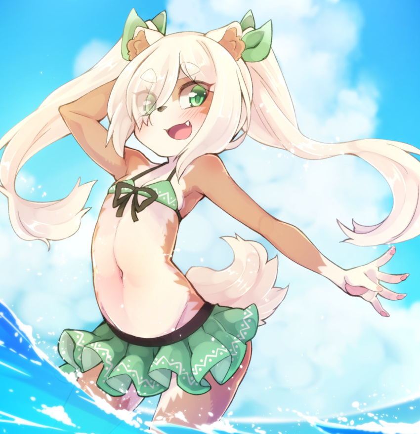 1girl animal_ears arm_behind_head arm_up armpits bikini bikini_skirt blonde_hair clouds commentary day dog_ears dog_tail eyes_visible_through_hair fang flat_chest furry green_bikini green_eyes green_swimsuit hair_over_one_eye highres long_hair navel open_mouth original outdoors outstretched_arm pose ribbon sky smile solo swimsuit tail twintails wading water yuuki_(yuyuki000)