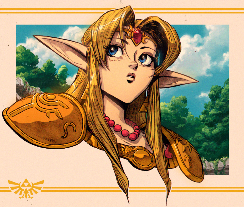 1girl bead_necklace beads blonde_hair blue_eyes blue_sky circlet clouds commentary dave_rapoza earrings emblem english_commentary face jewelry looking_to_the_side necklace nintendo parody pointy_ears portrait princess_zelda shoulder_armor sky solo style_parody the_legend_of_zelda the_legend_of_zelda:_a_link_between_worlds tree triforce