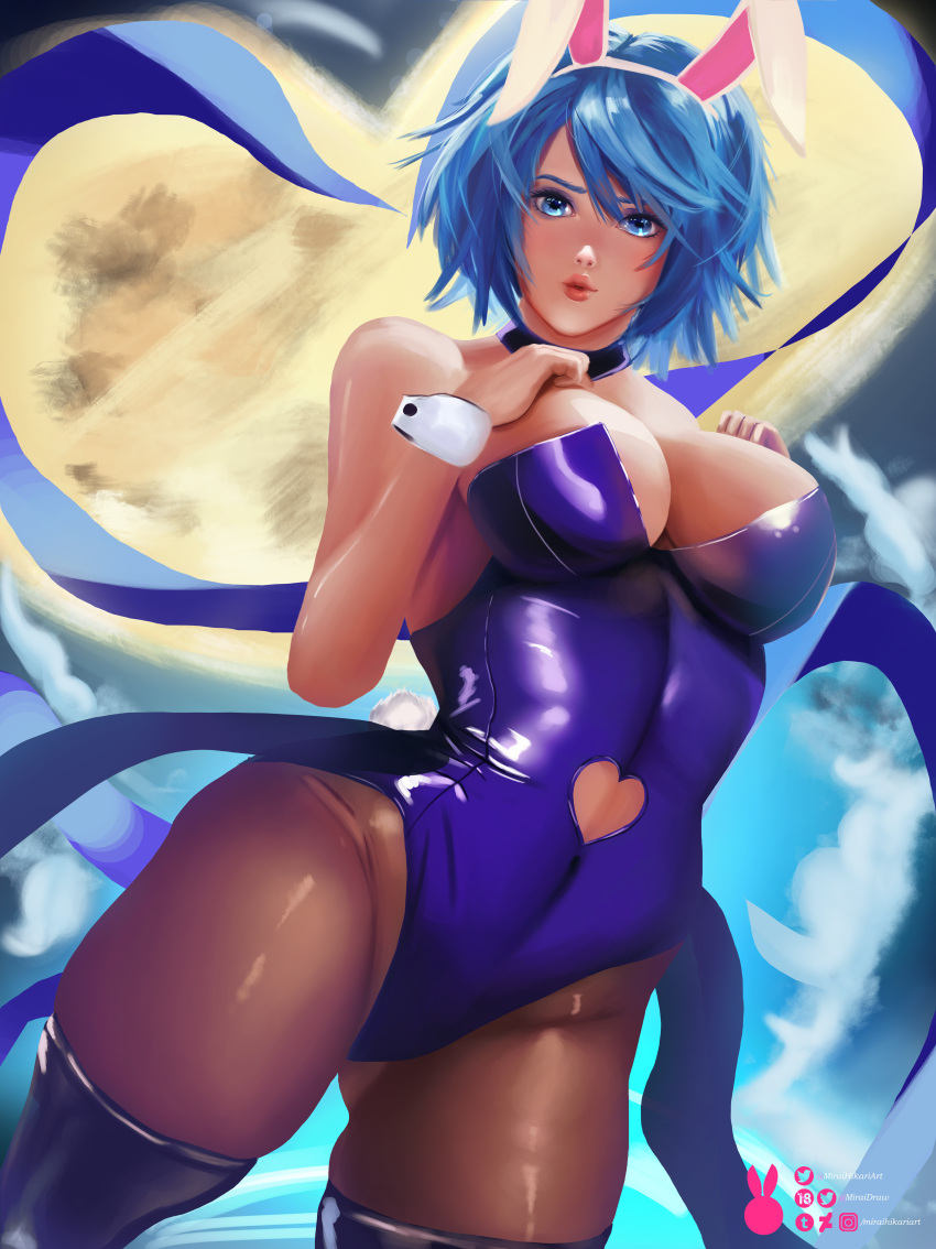 absurdres animal_ears aqua_(kingdom_hearts) bare_shoulders black_legwear blue_eyes blue_hair blush boots breasts bunny_girl bunny_tail bunnysuit choker cleavage dutch_angle fake_animal_ears gluteal_fold hands_on_own_chest heart_cutout highres huge_filesize kingdom_hearts kingdom_hearts_iii large_breasts leotard lips looking_at_viewer miraihikariart pantyhose purple_footwear purple_leotard rabbit_ears short_hair strapless strapless_leotard tail thigh-highs thigh_boots twitter_username watermark wrist_cuffs