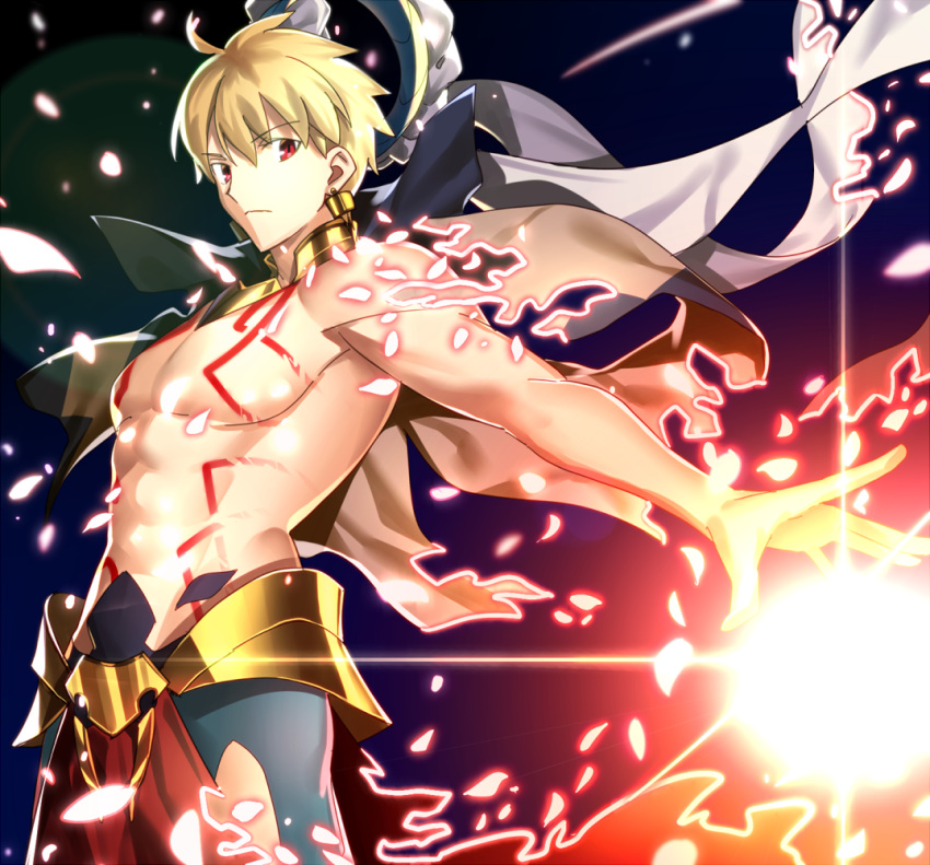 1boy blonde_hair cowboy_shot earrings eyebrows_visible_through_hair fate/stay_night fate_(series) gilgamesh hair_between_eyes jewelry looking_at_viewer male_focus outstretched_arms outstretched_hand red_eyes sen_(77nuvola) solo standing