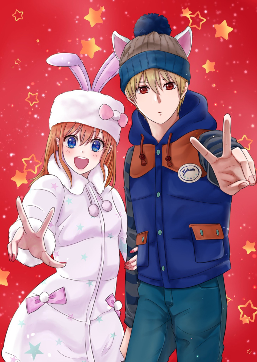 1boy 1girl :d animal_ears blue_eyes blue_pants blush bow brown_hair coat coupe fake_animal_ears fur_coat gintama hair_between_eyes hat hat_bow highres hood hood_down hooded_sweater kagura_(gintama) kuroneko_w1nter long_sleeves looking_at_viewer nail_polish okita_sougo open_mouth outstretched_arm pants pink_bow rabbit_ears red_background red_eyes red_nails smile star starry_background striped_sleeves sweater v w white_coat white_hat winter_clothes winter_coat