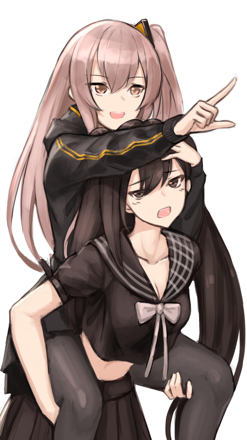 2girls absurdres breasts carrying cleavage eyebrows_visible_through_hair girls_frontline highres hood hooded_jacket jacket multiple_girls navel npt_(akzkfhsk0503) ouroboros_(girls_frontline) pantyhose piggyback pointing school_uniform serafuku ump45_(girls_frontline)