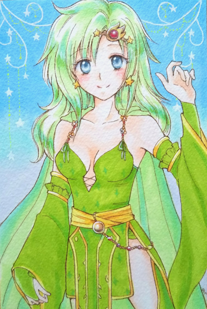 absurdres breasts bridal_gauntlets cleavage detached_sleeves final_fantasy final_fantasy_iv green_eyes green_hair green_leotard hair_ornament highres leotard older rydia