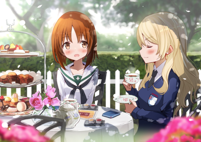 2girls alternate_hairstyle bangs black_neckwear blonde_hair blouse blue_sweater blurry blurry_background blurry_foreground blush brown_eyes brown_hair chair closed_eyes commentary_request cookie cup dappled_sunlight darjeeling day depth_of_field dress_shirt emblem eyebrows_visible_through_hair flower food fuku_kitsune_(fuku_fox) girls_und_panzer hair_down hedge_(plant) holding holding_cup holding_saucer long_hair long_sleeves looking_at_another macaron multiple_girls neckerchief necktie nishizumi_miho ooarai_school_uniform outdoors pink_flower pink_rose rose saucer school_uniform serafuku shadow shirt short_hair sitting st._gloriana's_(emblem) sunlight sweater tea_party tea_set teacup teapot tiered_tray tree v-neck white_blouse white_shirt wind