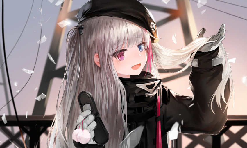 1girl arms_behind_head bangs beret blue_eyes cellphone commentary_request dokomon eyebrows_visible_through_hair eyes_visible_through_hair fang flip_phone girls_frontline gloves grey_hair hand_in_hair hat heterochromia highres holding holding_phone korean_commentary long_hair looking_at_viewer mdr_(girls_frontline) multicolored_hair one_side_up open_mouth phone pink_eyes pink_hair pom_pom_(clothes) power_lines sidelocks smile solo sparks strap streaked_hair upper_body white_gloves