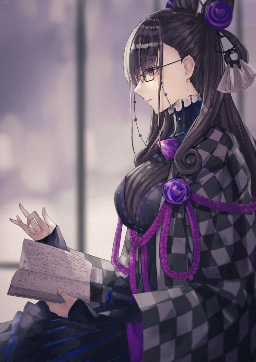 1girl bangs black_dress black_hair book breasts checkered commentary double_bun dress fate/grand_order fate_(series) from_side glasses hair_between_eyes hair_ornament highres holding holding_book large_breasts long_hair long_sleeves murasaki_shikibu_(fate) parted_lips puffy_sleeves reading sleeves_past_wrists solo thkani two_side_up violet_eyes window