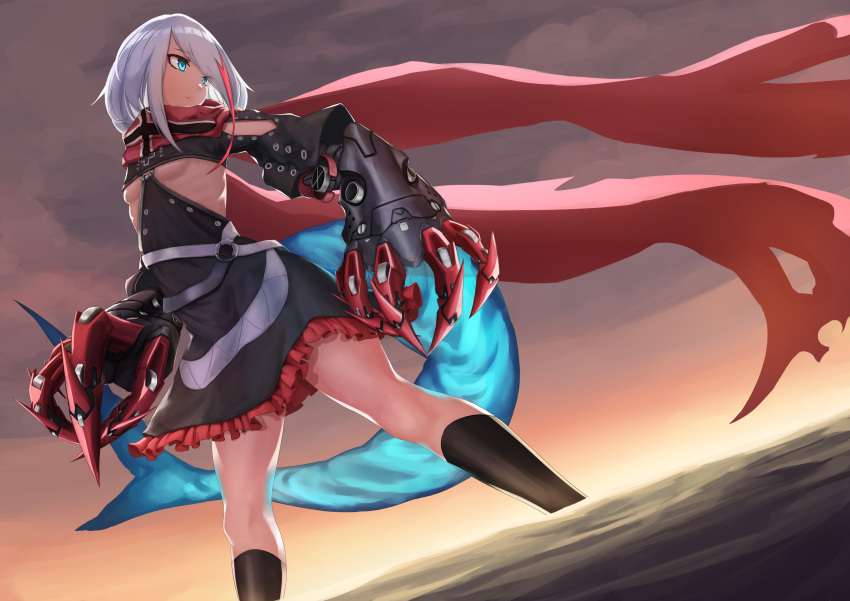 1girl absurdres admiral_graf_spee_(azur_lane) azur_lane blue_eyes breasts clouds cloudy_sky commentary_request eyebrows_visible_through_hair highres iron_cross mechanical_arms multicolored_hair ocean red_scarf samc scarf shark_tail short_hair sky small_breasts solo standing streaked_hair tail under_boob white_hair