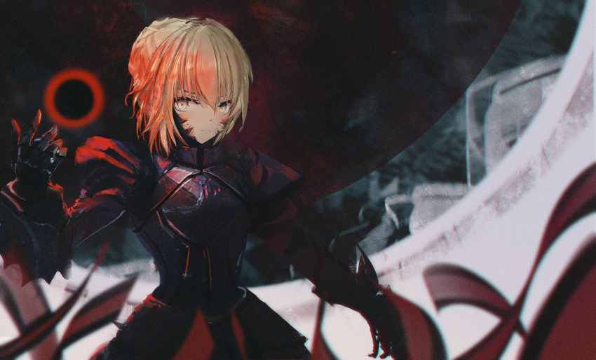 1girl absurdres armor artoria_pendragon_(all) bangs blonde_hair braid braided_bun breastplate fate/grand_order fate_(series) full_armor gauntlets glowing hair_between_eyes highres pauldrons saber_alter solo tifg39 upper_body yellow_eyes