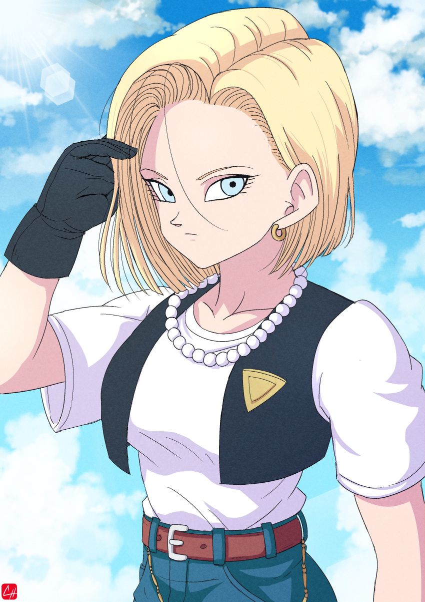 1girl absurdres android_18 bead_necklace beads belt black_gloves blonde_hair blue_eyes blue_sky breasts chris_re5 clouds cropped_vest dragon_ball dragonball_z earrings gloves highres jewelry medium_breasts necklace signature sky solo sunlight upper_body