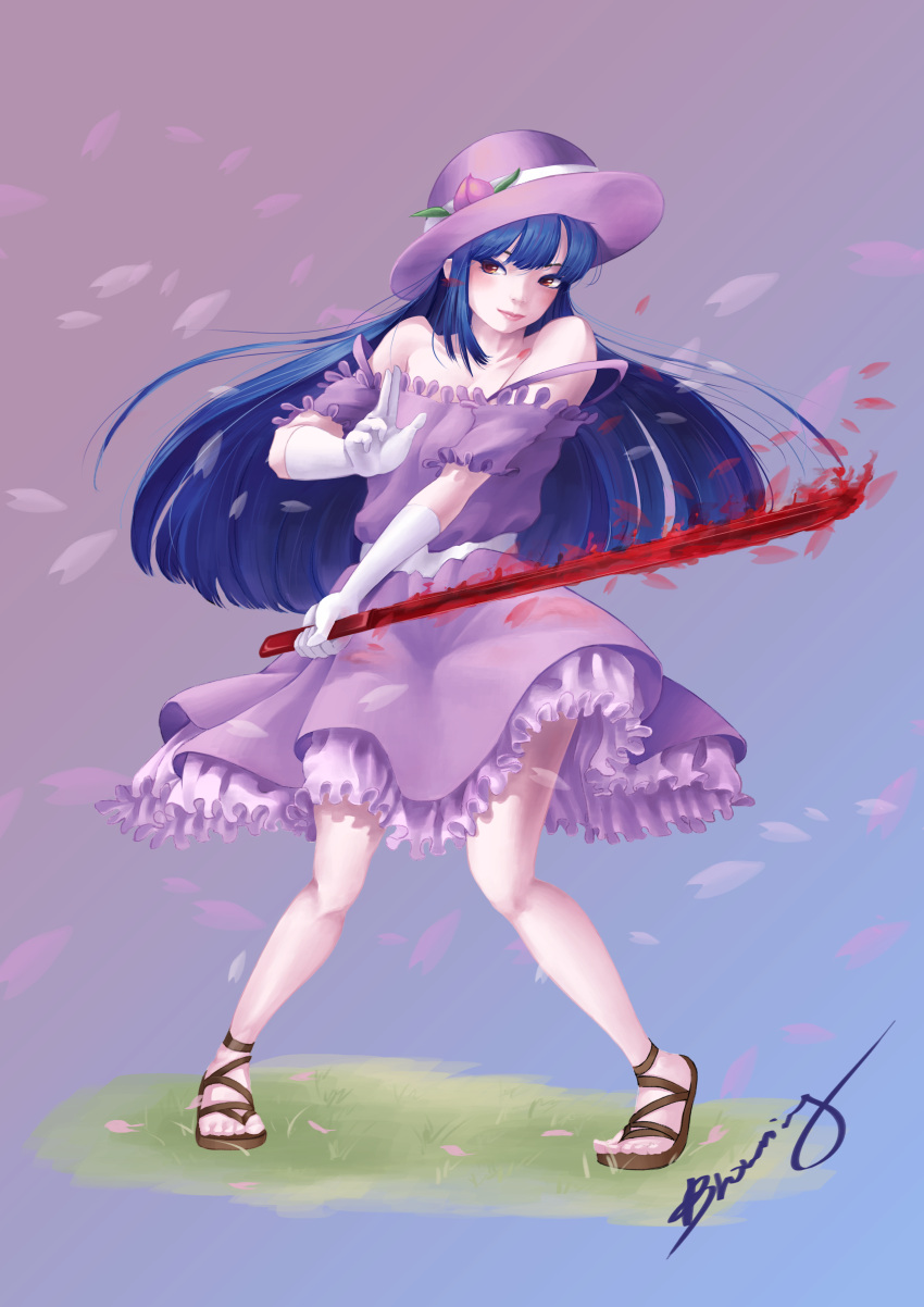 1girl absurdres alternate_costume bare_legs blue_hair brwn cherry_blossoms dress elbow_gloves food fruit gloves hat highres hinanawi_tenshi long_hair peach red_eyes sandals signature sword_of_hisou touhou white_gloves