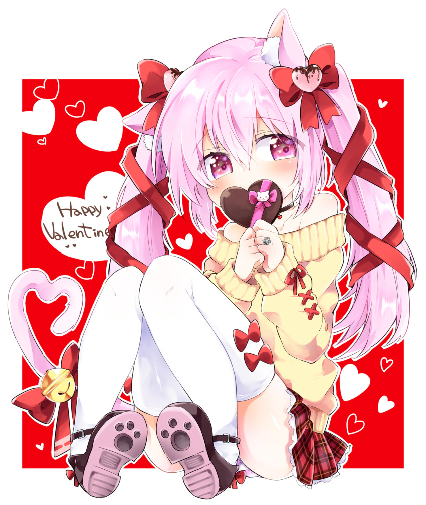 1girl alternate_hairstyle animal_ear_fluff animal_ears azur_lane bangs black_choker blush bow brown_footwear cat_ears cat_girl cat_tail chocolate chocolate_heart choker collarbone commentary_request covered_mouth eyebrows_visible_through_hair food full_body hair_between_eyes hair_bow hair_ornament hair_ribbon hands_together happy_valentine heart heart_hair_ornament heart_tail highres holding holding_food jewelry kisaragi_(azur_lane) long_sleeves off-shoulder_sweater own_hands_together pone red_background red_bow red_ribbon ribbon ring shoe_soles sleeves_past_wrists solo sweater tail thigh-highs twintails two-tone_background violet_eyes white_background white_legwear yellow_sweater