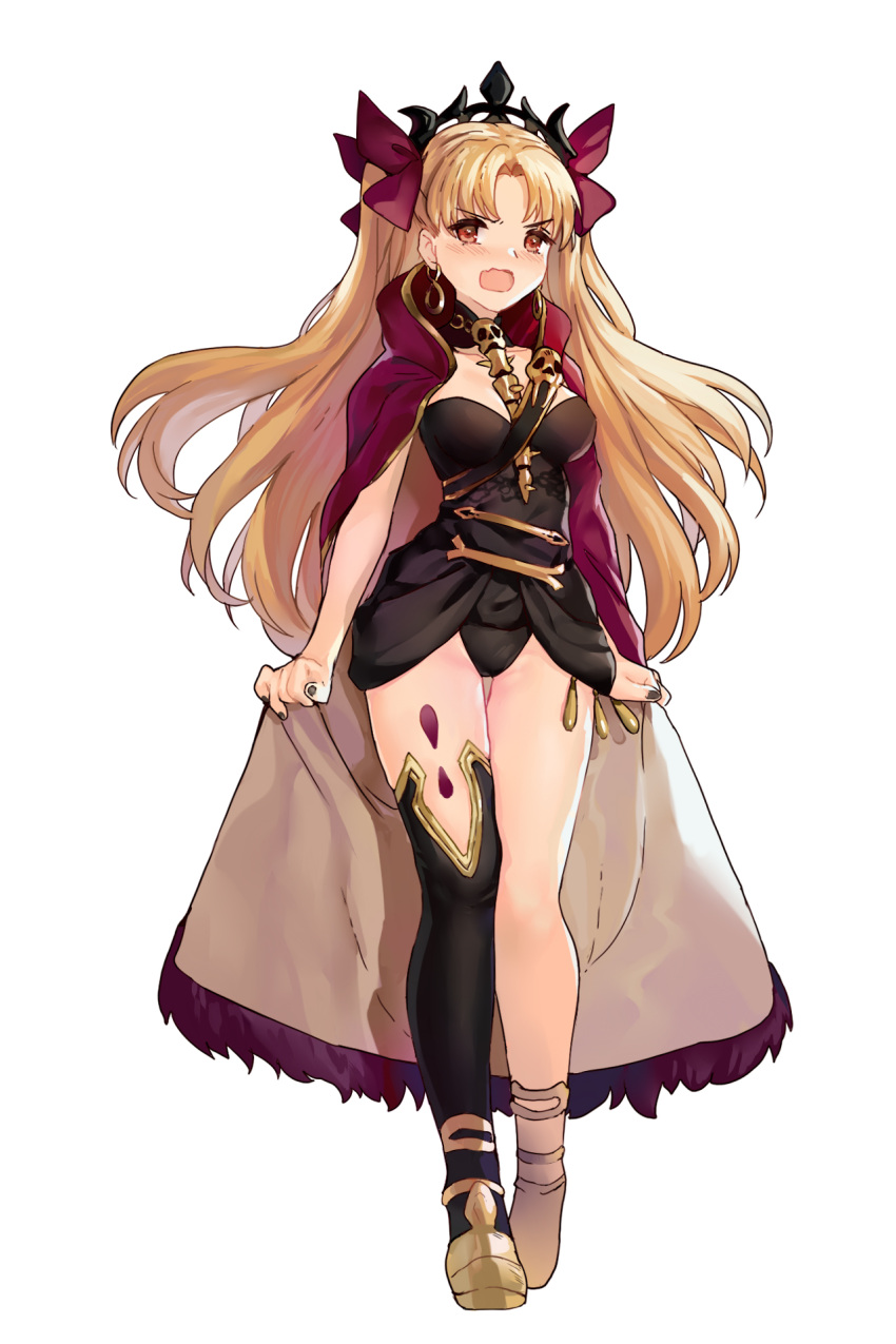 1girl anklet asymmetrical_legwear asymmetrical_sleeves bangs between_breasts black_legwear black_leotard black_nails blonde_hair bow breasts cape cape_grab crown earrings ereshkigal_(fate/grand_order) fate/grand_order fate_(series) frown full_body gold gold_trim hair_bow highres hood hooded_cape hoop_earrings jewelry leotard long_hair looking_at_viewer medium_breasts nail_polish open_mouth parted_bangs purple_bow purple_cape red_eyes simple_background single_sleeve single_thighhigh skull solo spine standing thigh-highs two_side_up very_long_hair wavy_mouth white_background wumumu yellow_footwear