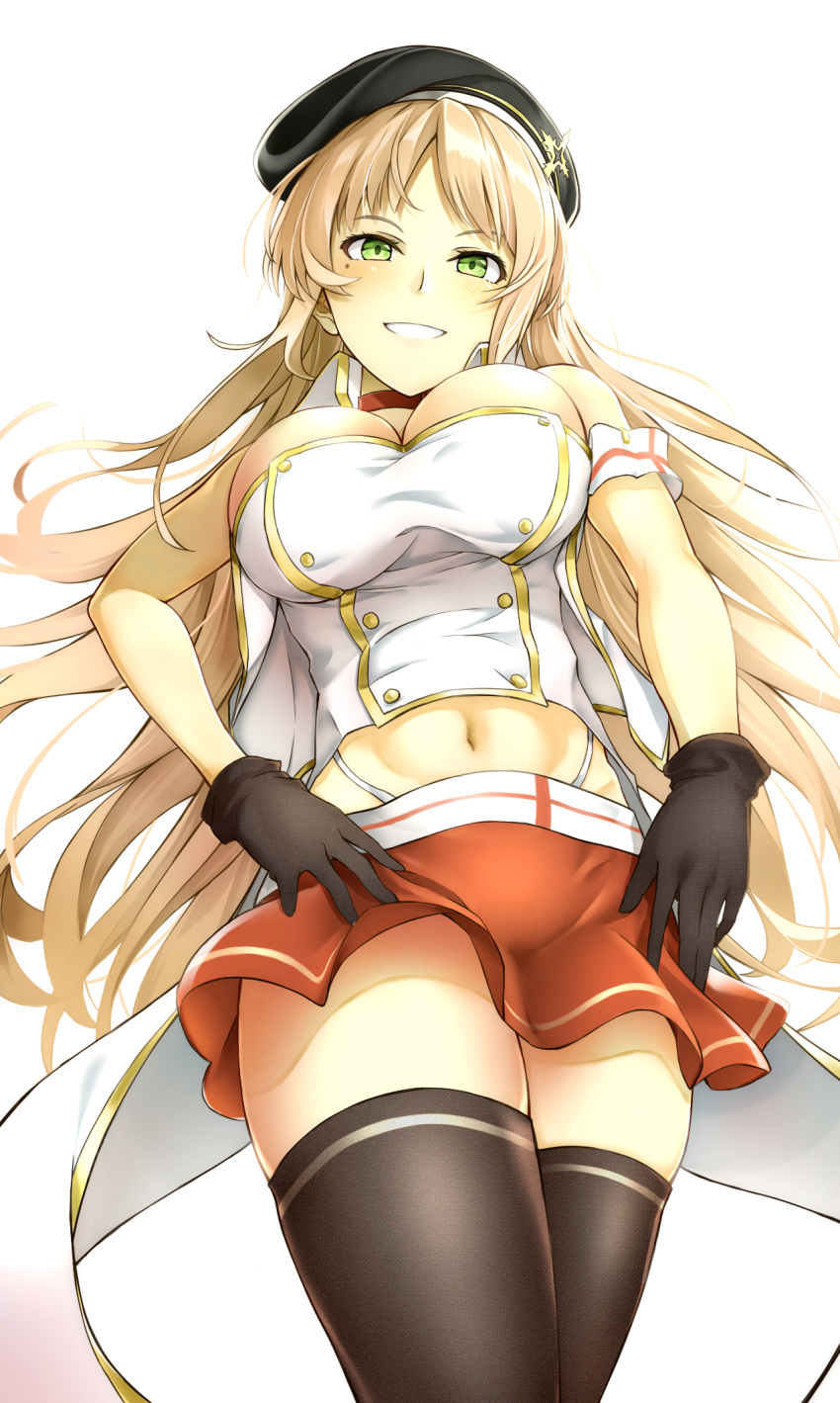 1girl azur_lane bangs beret black_gloves black_legwear blonde_hair blush breasts choker cowboy_shot crop_top fiji_(azur_lane) gloves green_eyes grin hands_on_hips hat hat_ornament highleg highleg_panties highres large_breasts long_hair looking_at_viewer miniskirt mole mole_under_eye navel panties parted_bangs peace_inari red_skirt skirt smile solo thigh-highs underwear