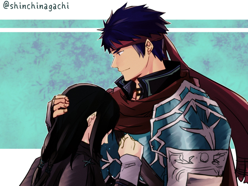 2boys black_hair blue_eyes blue_hair cape facial_mark fire_emblem fire_emblem:_akatsuki_no_megami fire_emblem:_souen_no_kiseki gloves headband highres hug ike long_hair male_focus multiple_boys nintendo nishimura_(nianiamu) red_eyes short_hair simple_background smile soren yaoi