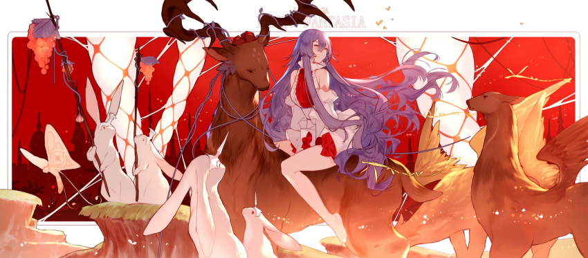 1girl bare_shoulders barefoot breasts creature detached_sleeves food hair_between_eyes helmet highres horns joseph_lee long_hair pink_eyes pixiv_fantasia_last_saga purple_hair red_eyes riding very_long_hair wings