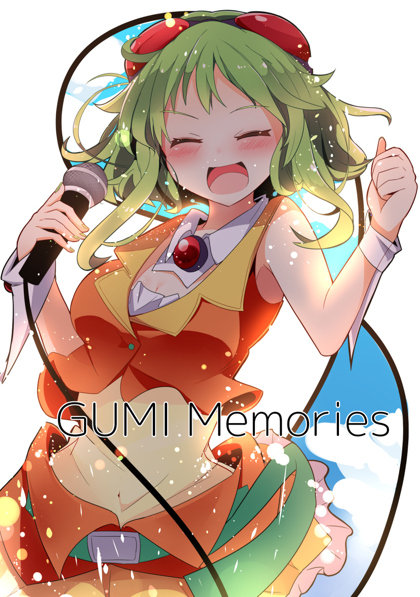 1girl amulet bare_shoulders belt blush cable closed_eyes crop_top frilled_skirt frills goggles goggles_on_head green_belt green_hair gumi highres holding holding_microphone microphone orange_shirt orange_skirt pachio_(patioglass) shirt short_hair short_hair_with_long_locks skirt smile solo thumbs_up upper_body vocaloid wrist_cuffs