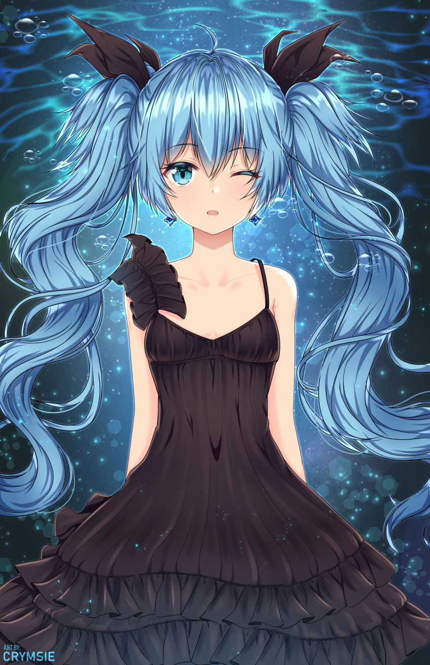 1girl absurdres artist_name black_dress black_ribbon blue_eyes blue_hair blush breasts bubble cleavage collarbone deep_sea_girl dress earrings eyebrows_visible_through_hair hair_ribbon hatsune_miku highres huge_filesize jewelry long_hair looking_at_viewer one_eye_closed parted_lips rachel_bouvier ribbon sleeveless small_breasts twintails underwater very_long_hair vocaloid watermark