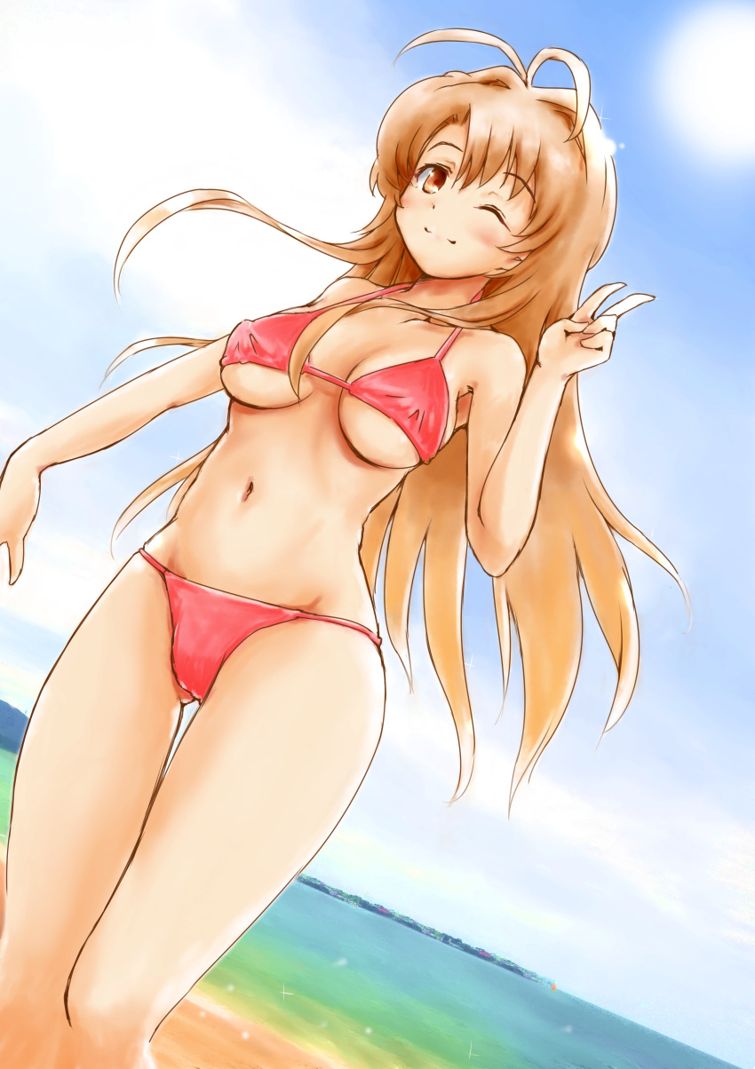 1girl ;) absurdres antenna_hair bikini blue_sky breasts brown_eyes brown_hair commentary_request day dutch_angle erect_nipples feet_out_of_frame from_below gluteal_fold hair_intakes highres long_hair love_hina medium_breasts narusegawa_naru navel ocean one_eye_closed red_bikini shimamoto_(natsuki) sky smile solo swimsuit thigh_gap under_boob v