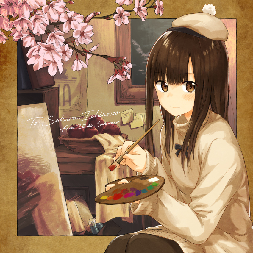 1girl black_legwear blush brown_eyes brown_hair brown_hat cherry_blossoms hat highres indoors long_hair long_sleeves looking_at_viewer original paintbrush painting_(object) palette sakurano_itsuki sitting smile solo sweater turtleneck turtleneck_sweater