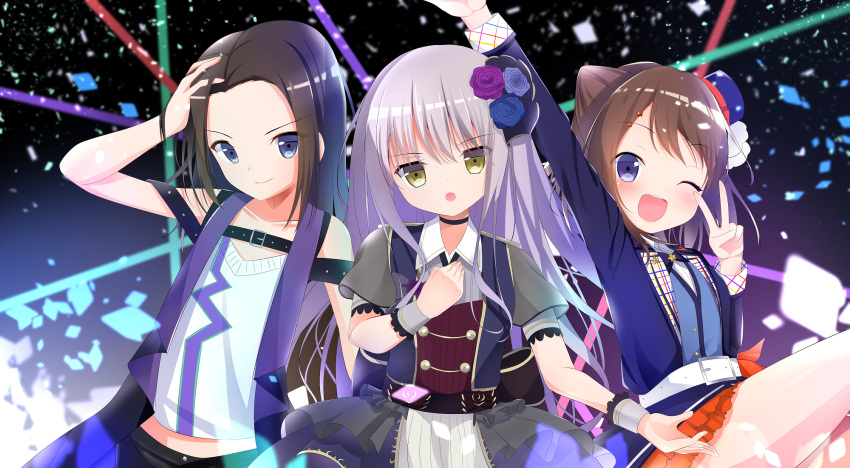 &gt;:) 3girls :o ;d alternate_eye_color arm_up bang_dream! bangs belt black_choker black_hair black_neckwear blue_eyes blue_flower blue_jacket blue_rose bow bowtie brown_hair chest_belt choker collared_dress confetti dress flower hair_flower hair_ornament hand_in_hair hand_on_own_chest hat highres jacket koh_(user_kpcu7748) long_hair looking_at_viewer minato_yukina mini_hat miniskirt multiple_girls no_bangs one_eye_closed open_mouth purple_flower purple_rose red_skirt rose short_sleeves silver_hair skirt smile star star_hair_ornament toyama_kasumi v v-neck vest wakana_rei wrist_cuffs yellow_eyes