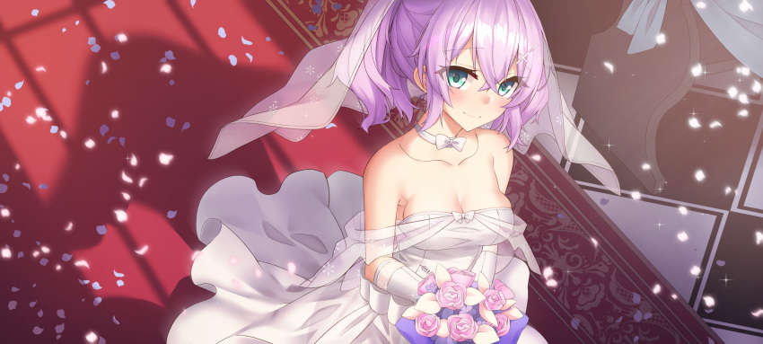 1girl ashisi azur_lane bangs bare_shoulders breasts bridal_veil bride cleavage dress elbow_gloves flower gloves gown green_eyes hair_between_eyes highres javelin_(azur_lane) purple_hair solo strapless strapless_dress veil wedding wedding_dress white_dress white_gloves