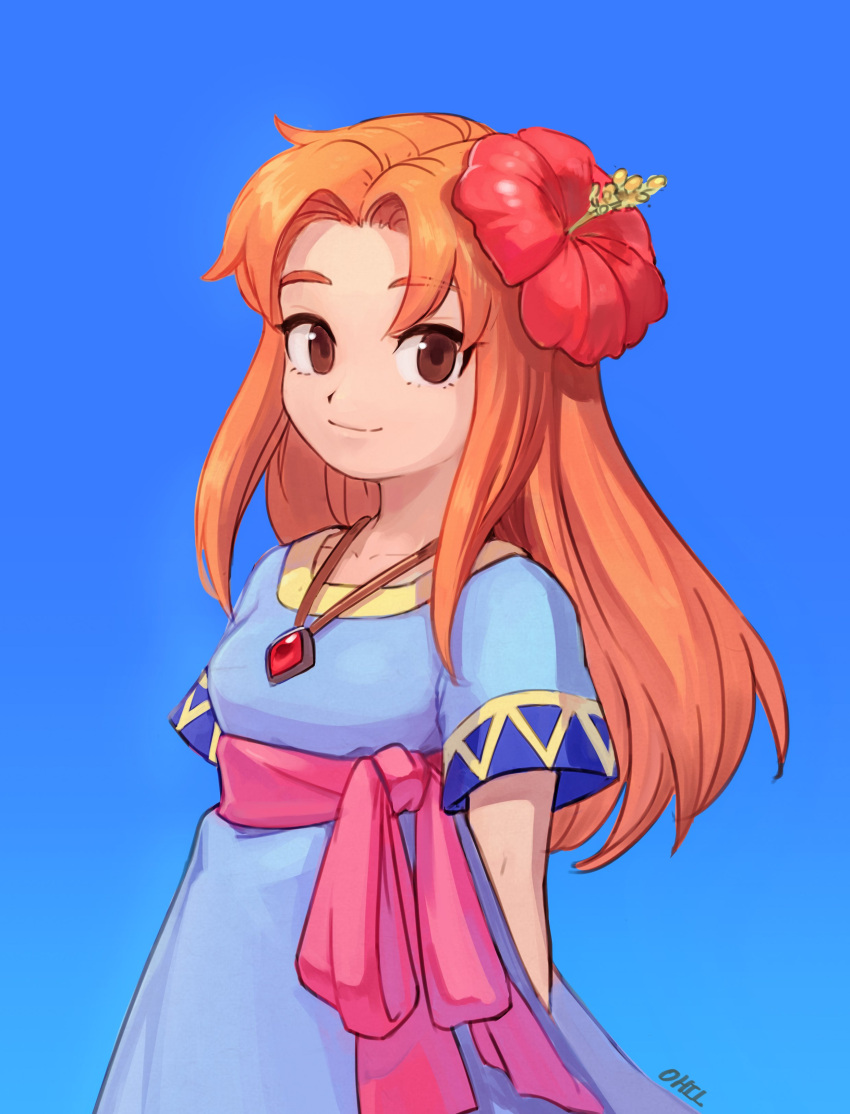 1girl absurdres blue_eyes brown_hair dress flower hair_flower hair_ornament highres jewelry long_hair looking_at_viewer marin_(the_legend_of_zelda) necklace nintendo ohil_(ohil822) simple_background smile solo the_legend_of_zelda the_legend_of_zelda:_link's_awakening