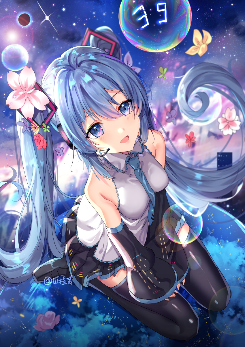 1girl :d absurdres bangs bare_shoulders black_footwear black_skirt black_sleeves blue_neckwear blush boots breasts clouds collared_shirt detached_sleeves eyebrows_visible_through_hair flower from_above gejigejier grey_shirt hair_flower hair_ornament hatsune_miku headset highres large_breasts long_hair long_sleeves looking_at_viewer looking_up medium_breasts miniskirt necktie open_mouth pink_flower pleated_skirt reflection shirt sitting skirt sky sleeves_past_wrists smile solo star_(sky) starry_sky thigh-highs thigh_boots twintails twitter_username very_long_hair vocaloid wariza water