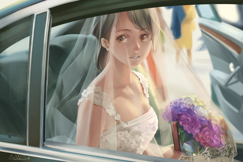 1girl blurry bouquet bride brown_eyes brown_hair car commentary depth_of_field dress earrings eiri_su english_commentary flower ground_vehicle holding jewelry looking_at_viewer motor_vehicle original parted_lips photo-referenced signature sitting smile veil wedding_dress